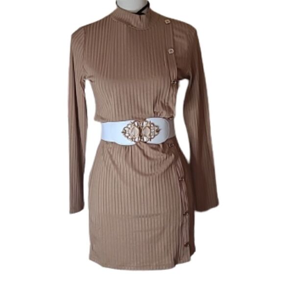 💲1️⃣0️⃣ Bundled ✔️ Ribbed Knit Mock Neck Fitted Dress M side button detail - Picture 3 of 14